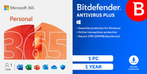 Microsoft 365 Personal w/Bitdefender AntiVirus Plus for Windows (1 Yr Sub)